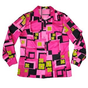 Pykettes Vintage‎ 70s Shirt Womens M Hot Pink Geometric Disco Barbie Groovy Twee